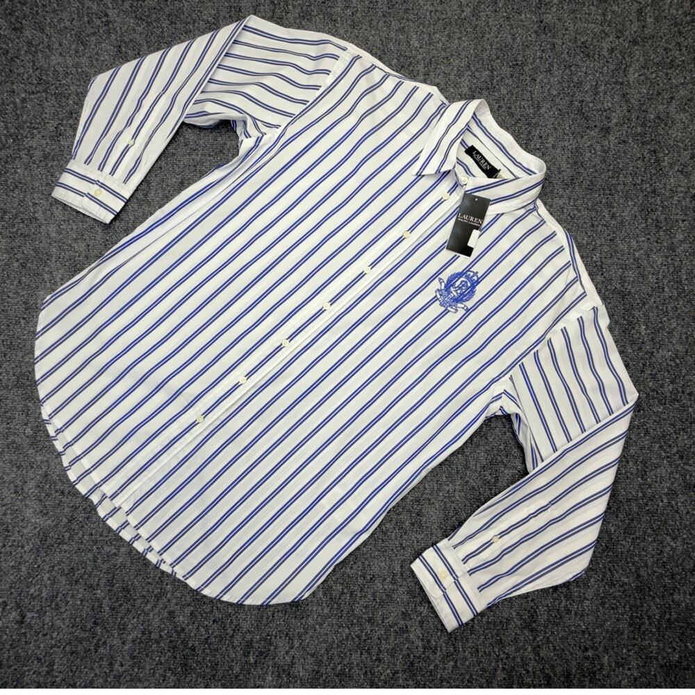 Lauren Ralph Lauren Womens L Blue White Stripe Crest Button Shirt NWT $125 MSRP